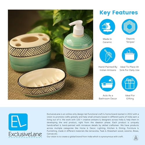 Exclusivelane Sea Green Sky 3 Piece Ceramic Bathroom Accessories Set Of 3 (Soap Tray, Ceramic Toothbrush Holder For Bathroom,
